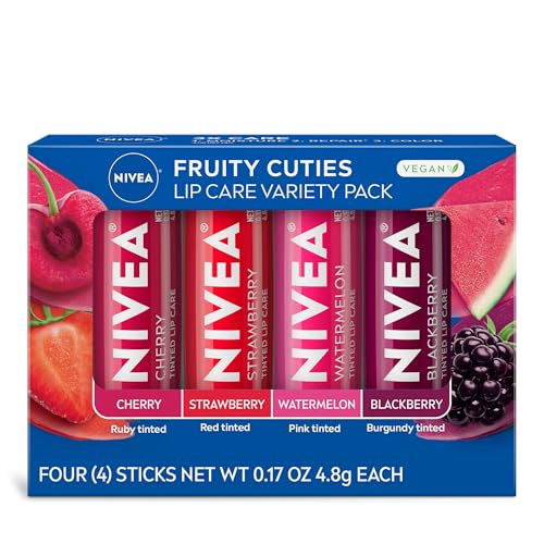 NIVEA Lip Care, Fruity Tinted Lip Balm Variety Pack, Cherry, Strawberry, Blackberry and Watermelon Flavors, 3-in-1 Moisture, Repair and Color, 0.17 Oz Stick, Pack of 4 -