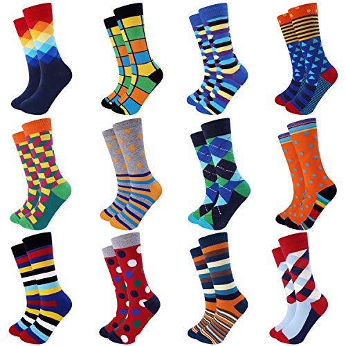 Jeasona Mens Dress Socks Crew Pack Funny Fun Crazy Cool Funky Cotton (Multicolored 12 Pairs, 12) -
