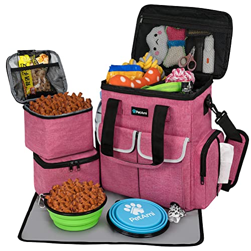 PetAmi Dog Travel Bag Pet Supplies Accessories Organizer for Traveling, Camping, Weekend; Cat Pet Travel Bag Kit Includes 2 Food Storage Containers, 2 Collapsible Bowls, 1 Feeding Mat (Pink) -