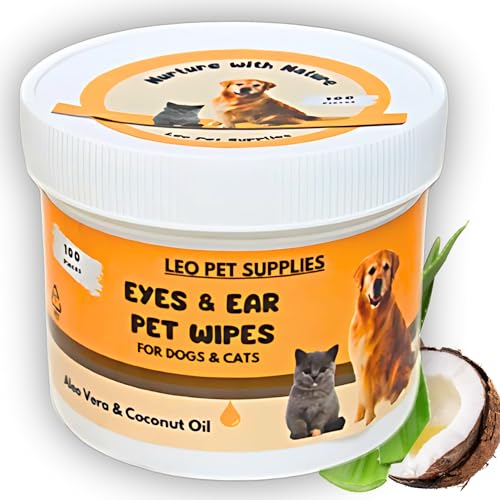 Leo Pet Supplies - Eye & Ear Wipes for Pets - (100 Count) - Cleanser for Dogs and Cats, Non-Irritating Ingredients; Aloe Essence and Coconut Oil, Specially formulated, Everyday use, Unscented -