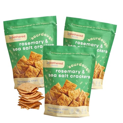 Unbothered Foods Rosemary & Sea Salt Sourdough Crackers - Gut-Friendly & Easy to Digest, Non-GMO, No Added Sugar, Nut-Free, Perfect for Cheese & Snacks, 100% Naturally Fermented (3-pack) -