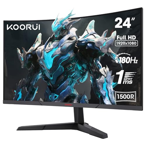 KOORUI 24 inch Curved Gaming Monitor 180Hz FHD 1080P Computer Monitor,1ms 1500R VA Display,Adaptive Sync, FreeSync Premium,HDR10,HDMI2.0X2&DP1.2,VESA Compatible,Tilt Adjustable,Eye Care,24E6CA - Demo Store