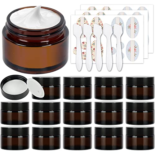 15 Pack 1 oz Empty Amber Glass Jars, 30ml Round Refillable Cosmetic Container Storage Jars with Inner Liners and Black Lids,Perfect Travel Jars for Cosmetics,Face Cream Lotion and More Beauty Products -