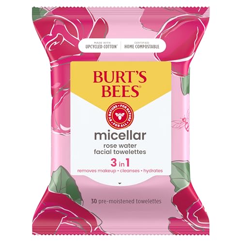 Burt's Bees, Rose Water Face Wipes, for All Skin Types, Hydrating Micellar Makeup Remover & Facial Cleansing Towelettes, 30 Count (1 Pack) -