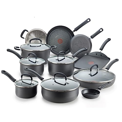 T-fal Ultimate Hard Anodized Nonstick Cookware Set 17 Piece, Oven Broiler Safe 400F, Lid Safe 350F, Kitchen Cooking Set w/Fry Pans, Saucepans, Saute Pan, Griddle, Pots and Pans, Dishwasher Safe Black -