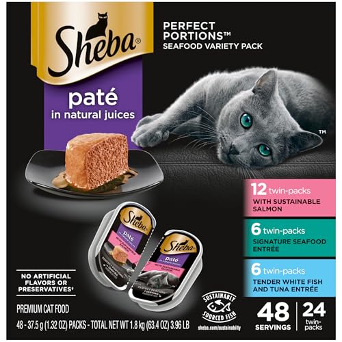 Sheba Perfect Portions Wet Cat Food Pate With Sustainable Salmon, Signature Seafood Entree, and Tender White Fish and Tuna Entree Variety Pack, 2.6 oz. Twin Pack Trays (24 Count, 48 Servings) -
