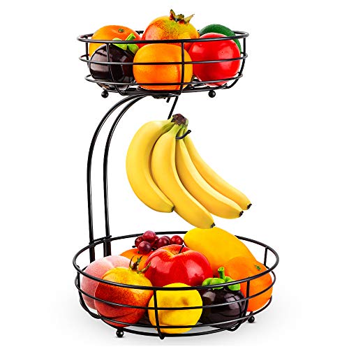 Auledio Iron 2-Tier Countertop Fruit Vegetables Basket Bowl Storage With Banana Hanger, Black, 64 ounces -