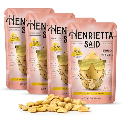 Henrietta Said Wing-Flavored Peanuts - Truly Good Foods Snacking Nuts - Bold Flavors - Savory & Spicy - Jumbo Flavored Peanuts - Protein Packed Vegan Snack - 4 (5-oz) Packs - Lemon Pepper -
