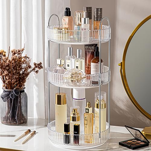 ALUYUYO 360 Rotating Makeup Organizer, Modern Style, Transparent, Fits Perfume, SkinCare, Makeup Brushes (3 Tiers, Large Capacity, 10 Compartments, 24x24x8 Inches) -