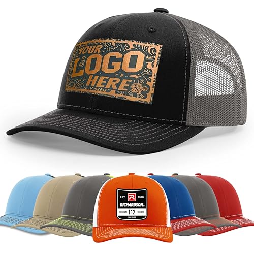 Custom Leather Patch Richardson 112 Trucker Hat for Men & Women - 6 Panel Structured Baseball Cap with Snapback Enclosure (Single, black/charcoal)