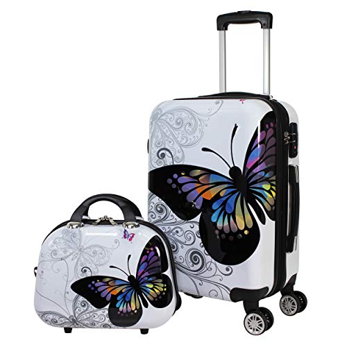 World Traveler Black and White Butterfly 2-Piece Carry-on Spinner Luggage Set, Multicolor, 20x13x9 inches -