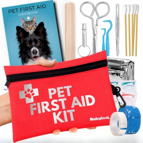 Dog First Aid Kit for Hiking & Travel - Vet Approved Emergency Supplies - Pet First Aid Kit Guide, Tick Remover, Thermal Blanket & More - Compact Dog Hiking Gear for Camping, Hunting, Backpacking -