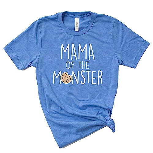Personalized Mama or Dad of the Monster Cookie Themed Parents 1st Birthday Party Family Tshirt. (L, Blue) -