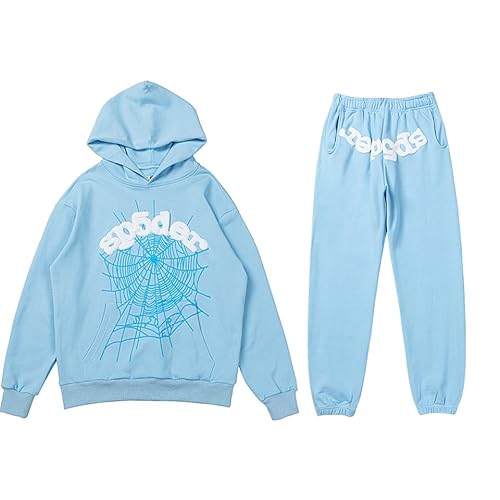 Spider Web Graphic Sweatsuit Set, 2 Piece Hoodie and Joggers, Black and Blue (US, Alpha, Small, Regular, Regular, Blue(spider)) -