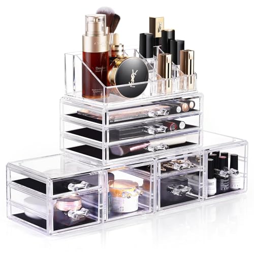 DreamGenius Makeup Organizer, 4 Pieces Acrylic Makeup Storage Box with 9 Drawers for Lipstick Jewelry and Makeup Brushes, Stackable Vanity Organizer for Dresser and Bathroom Countertop, Clear -