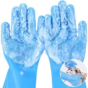 Pecute Pet Grooming Gloves - Heat Resistant Silicone Gloves with High-Density Teeth, Enhanced Five Finger Design for Bathing and Massaging Dogs and Cats, Blue -