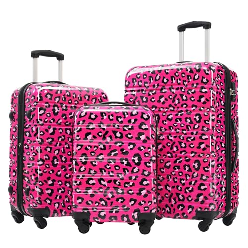 LiiGoxxy 3 - Piece Expandable Hardshell Luggage Set - 20", 24", 28"(Hot Pink Leopard PC) -