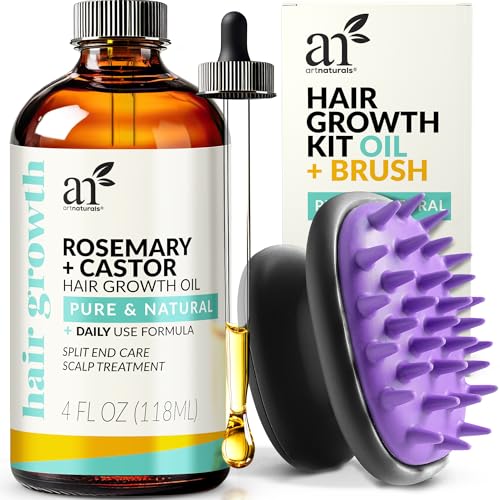 ArtNaturals Organic Rosemary & Castor Hair Growth Oil + Scalp Massager Set – Hair Styling Oils for Dry, Itchy Scalp, Thickening & Hydration - Scalp Oil Products For Damaged Hair & Split Ends – 4.0 oz -