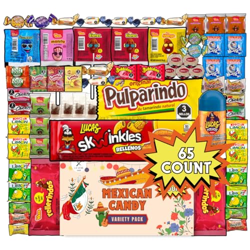 Mexican Candy Mix Variety Box - 65 Count, Spicy, Sour, Salty, and Sweet, Gummy, Chiclets, Lucas, Dulce, Tamarind, Chamoy, Mazapan, Limon, Candy Powder, Bulk Gift Pack by La Voie Foods -