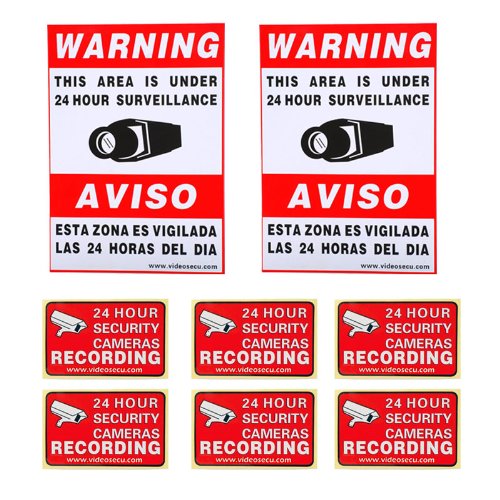 VideoSecu 8 Pack Home CCTV Surveillance Security Camera Video Warning Stickers Signs 2 of 11.5"x8.3", 6 of 3"x2" Security Alarm Decals 1RO -