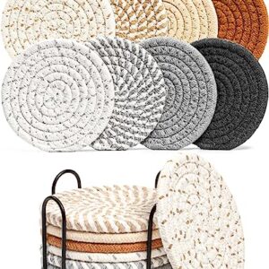 Effectyou 8 Pcs Drink Coasters with Holder, 8 Colors Absorbent Coasters for Drinks Minimalist Cup Coasters Cotton Coaster Set Woven Coasters for Coffee Table Home Decor Bar Housewarming Gift, 4.3 Inch -
