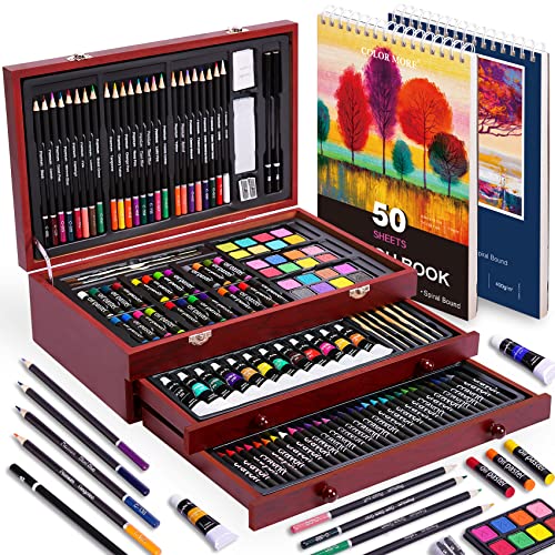 175 Piece Deluxe Art Set with 2 Drawing Pads, Acrylic Paints, Crayons, Colored Pencils, Paint Set in Wooden Case, Professional Art Kit, Art Supplies for Adults, Teens and Artist, WoodMuse Plus