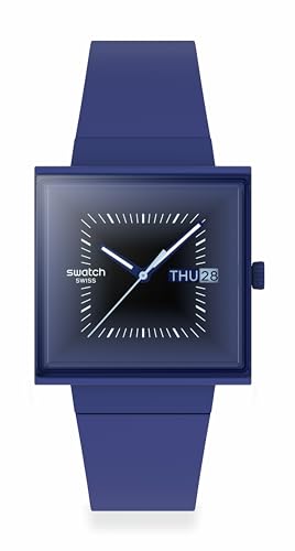 Swatch Unisex Casual Watch Blue Bioceramic Quartz SQUARELY Blacklight -