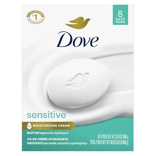 Dove Beauty Bar Soap Sensitive, 8 Bars for Sensitive Skin, Fragrance Free and Hypoallergenic 3.75 oz -