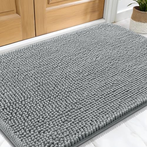 OLANLY Dog Door Mat for Muddy Paws 30x20, Absorbs Moisture and Dirt, Absorbent Non-Slip Washable Doormat, Quick Dry Chenille Mud Mat for Dogs, Entry Indoor Entryway Carpet for Inside Floor, Grey -