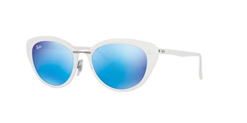 Ray-Ban Women's Rb4250 Rectangular Sunglasses, Shiny White/Green Mirrored Blue, 52 mm -