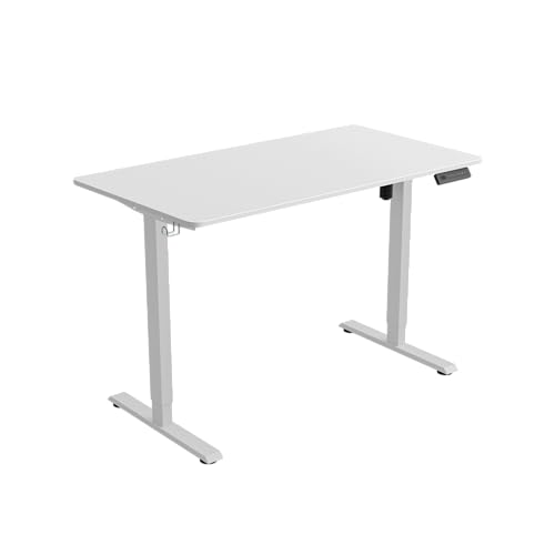 FEZIBO One-Piece Standing Desk Adjustable Height Stand up Home Office Desk, 55x24 Inch Electric Standing Computer Desk, with 4 Memory Presets, Headphone Hook, Fixable casters, White -
