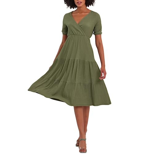 Women's Cross Wrap V Neck Short Sleeve Smocked A Line Casual Club Party Evening Tiered Midi Dresses Army Green -