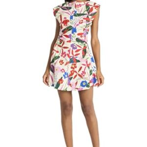 Donna Morgan Women's Floral Cotton Poplin Mini Structured Cap Sleeves-Garden Party A-Line Summer Wedding Guest Dress, Ivory/Sunkist Orange -