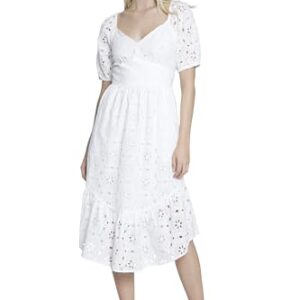 Maggy London Midi Summer Eyelet Lace A-Line Casual Bridal Shower, Short Sleeve Flared Skirt, White Dress Women, Ivory -