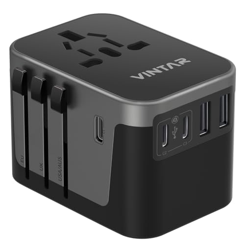 Universal Travel Adapter, VINTAR International Power Adapter with 6A 3 USB C and 2 USB Ports, All in One Travel Essentials Plug Adapter, Worldwide Outlet Converter for Europe UK USA AUS(Type C/G/A/I) -