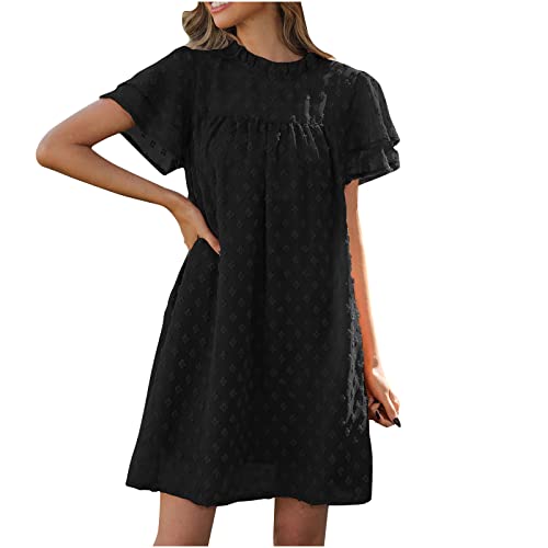 Chiffon Mini Dress for Womens Summer Casual Short Sleeve Sundress Swiss Dot Loose Dress Flowy Babydoll Short Dresses Black -