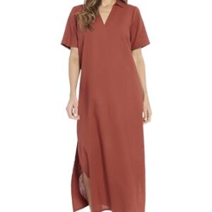 London Times Women's Linen Maxi, Collared V-Neck and Slits | Versatile Summer and Casual Dresses, Arabian Spice -