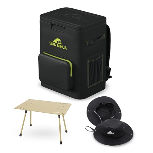 SUN NINJA Backpack Cooler Bundle with Foldable Camping Table and Reversible Bucket Hat - Insulated 36-Can Capacity, UPF 50+ Sun Protection, Lightweight Aluminum Outdoor Picnic Table -