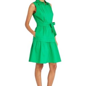 Maggy London Sleeveless Collared Button Front Summer Dress for Women with Waist Tie and Pleat Details, Bright Green -
