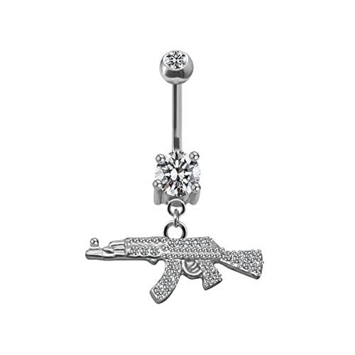 FUTIMELY Personalized Rifle Gun Belly Button Ring AK47 Assault Rifle Pendant Belly Button Nail Human Body Piercing Jewelry for Women and Men (Silver) -