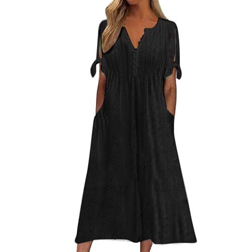 Casual Summer Dresses for Women 2025,Womens Solid Color Elegant Long Maxi Dresses Boho Eyelet Pastel Dress Trendy Short Sleeve Loose Fit Tshirt Dress with Pockets Beach Vacation Outfits -