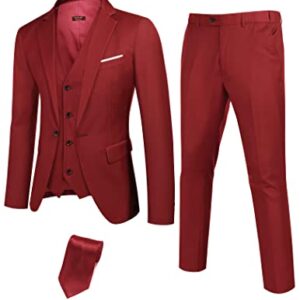 COOFANDY Mens Suit Blazer Notched Lapel One Button Classic Fit Formal Jacket Set Red -