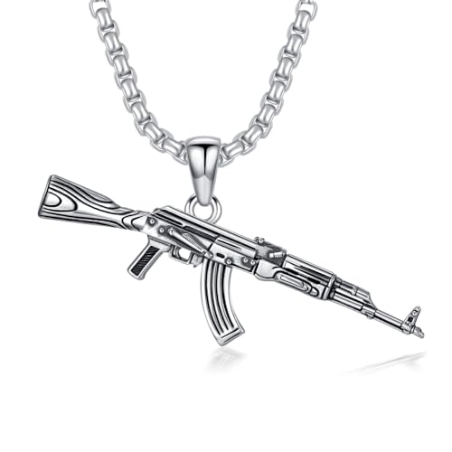 Lattd Gun Necklace 925 Sterling Silver Hip Hop AK-47 Gun Pendant Necklace for Men -