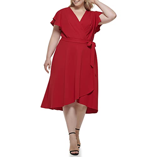 DKNY Women's Flutter Sleeve Asymmetrical Hem Faux Wrap Dress, Scarlet, 2 -