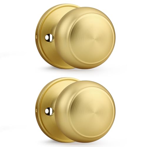 Probrico Gold Door Knob One Side 2 Pack, Fake Door Handles Dummy Function for Closet French Doors, Brushed Brass Finish Inactive Levers, Flat Ball Knob -