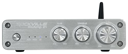 Rockville BLUAMP 21 SILVER 100W 2.1 Channel Bluetooth Amplifier Receiver, Compact Design, USB/SD/AUX Inputs, Remote Control, for Home Audio Enthusiasts -
