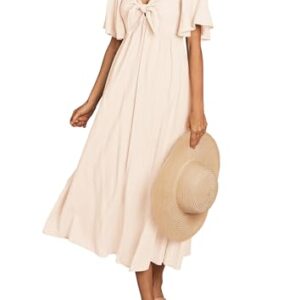 PRETTYGARDEN Summer Dress for Women 2025 Casual Short Sleeve Bow Tie V Neck Ruffle Midi Flowy Dresses (Beige,Large) -