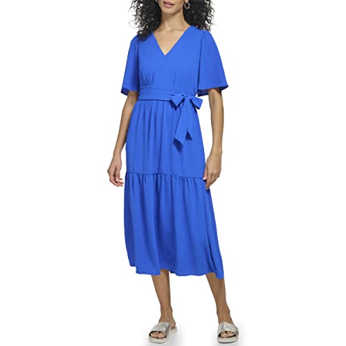 DKNY Women's Short Sleeve Tiered Midi Dress, Cosmic Blue, 10 -