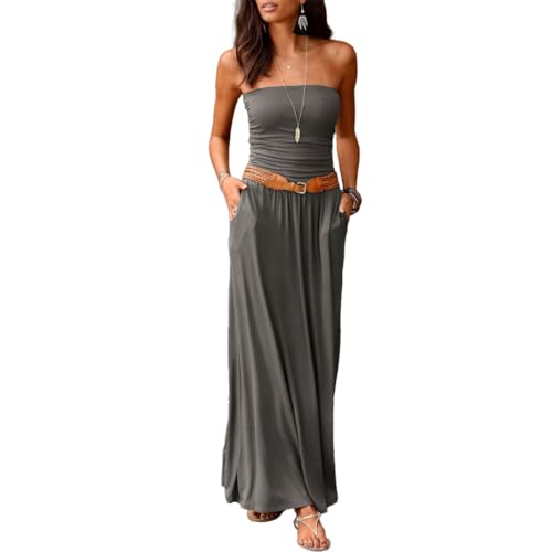 LASCANA Women's Strapless Bandeau Maxi Dress - Elegant Summer Sundress with Flowing Skirt and Belt, Perfect for Beach, Vacation, Weddings & Casual Wear, Olive, 2 -