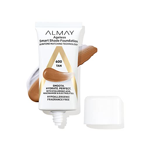 Almay Anti-Aging Foundation, Smart Shade Face Makeup with Hyaluronic Acid, Niacinamide, Vitamin C & E, Hypoallergenic-Fragrance Free, 600 Tan, 1 Fl Oz (Pack of 1) -